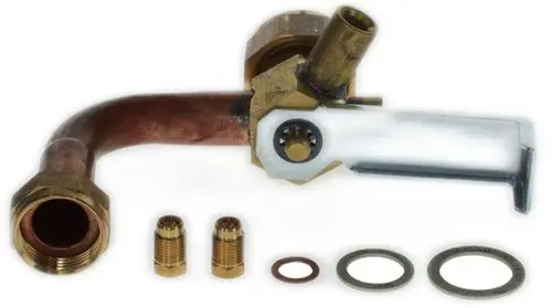 BOSCH Rücklaufrohr aus Kupfer mit einem Anschluss und verschiedenen O-Ringen sowie Adapterstücken zur Verbindung in Heizungsanwendungen.